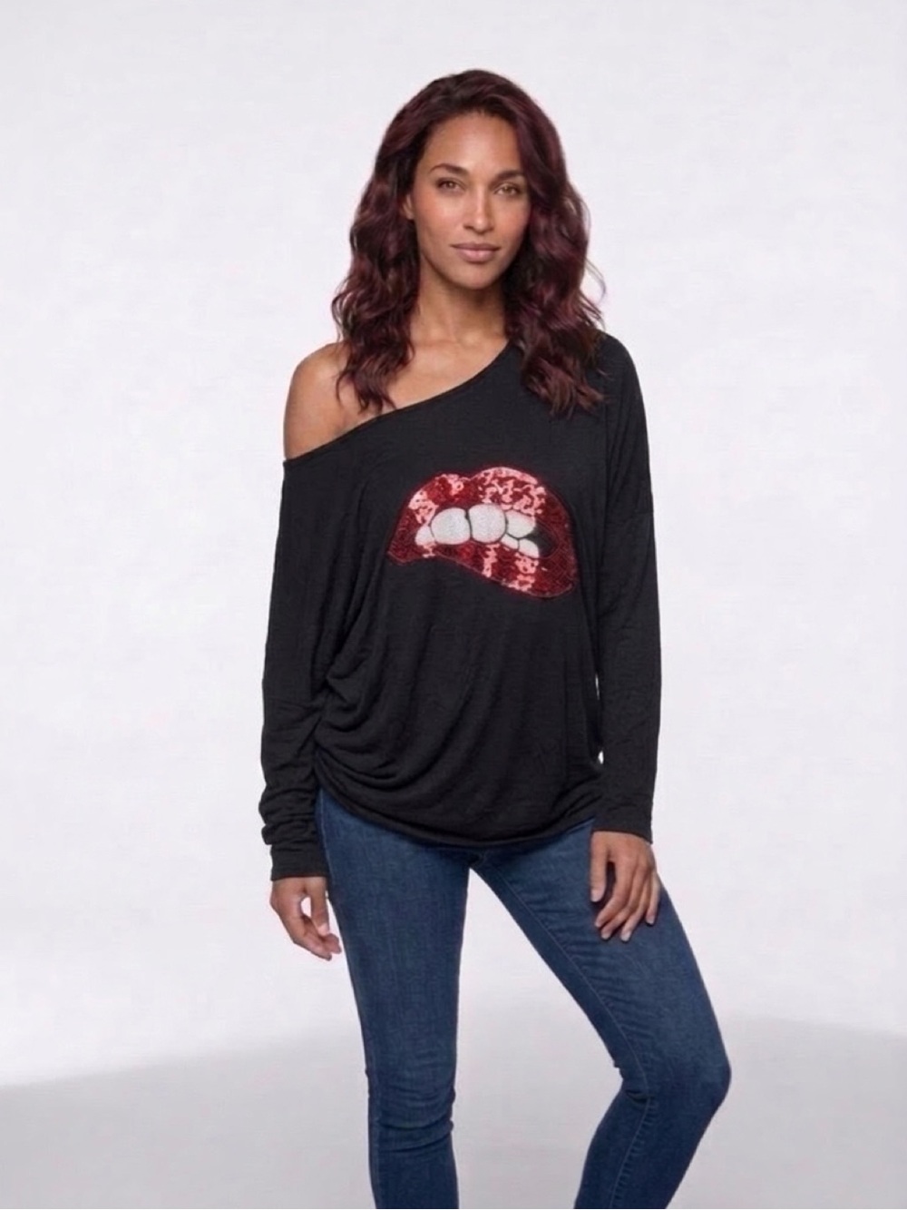 MAGICMK Black Off the Shoulder Top with Hot Pink Sequin Lips| Glam Rocker⁠